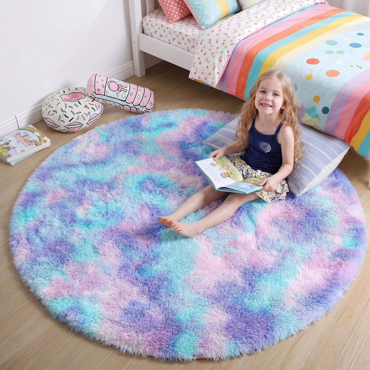 Amdrebio Pink Circle Round Fluffy Area Rug 4Ft for Girls Bedroom Kids Room