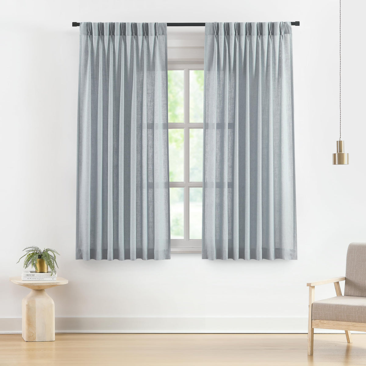 Vision Home Natural Linen Pinch Pleated Semi Sheer Curtains 42Wx90Lx2