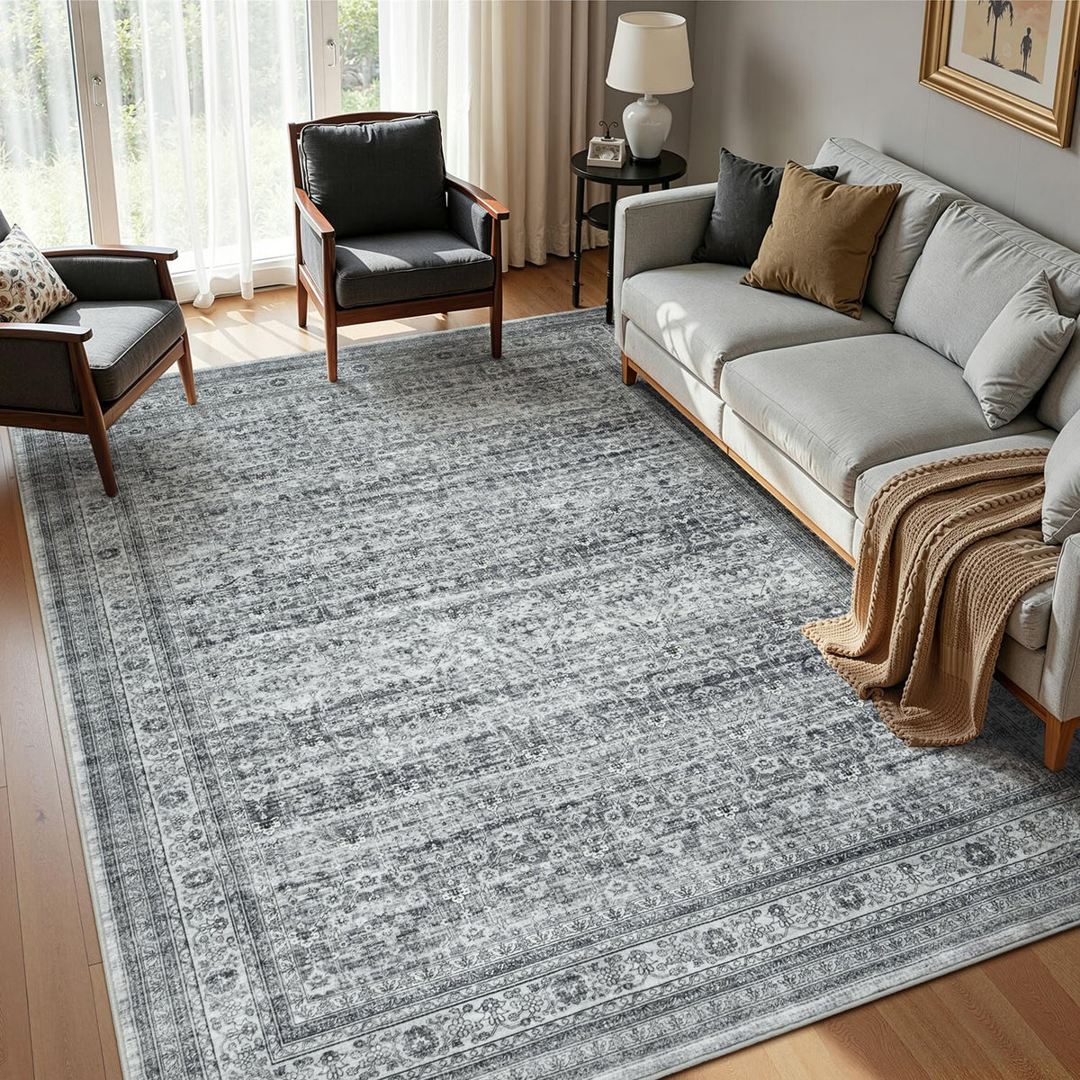 Sage Green 8x10 Area Rug for Living Room, Vintage Boho Large Carpet