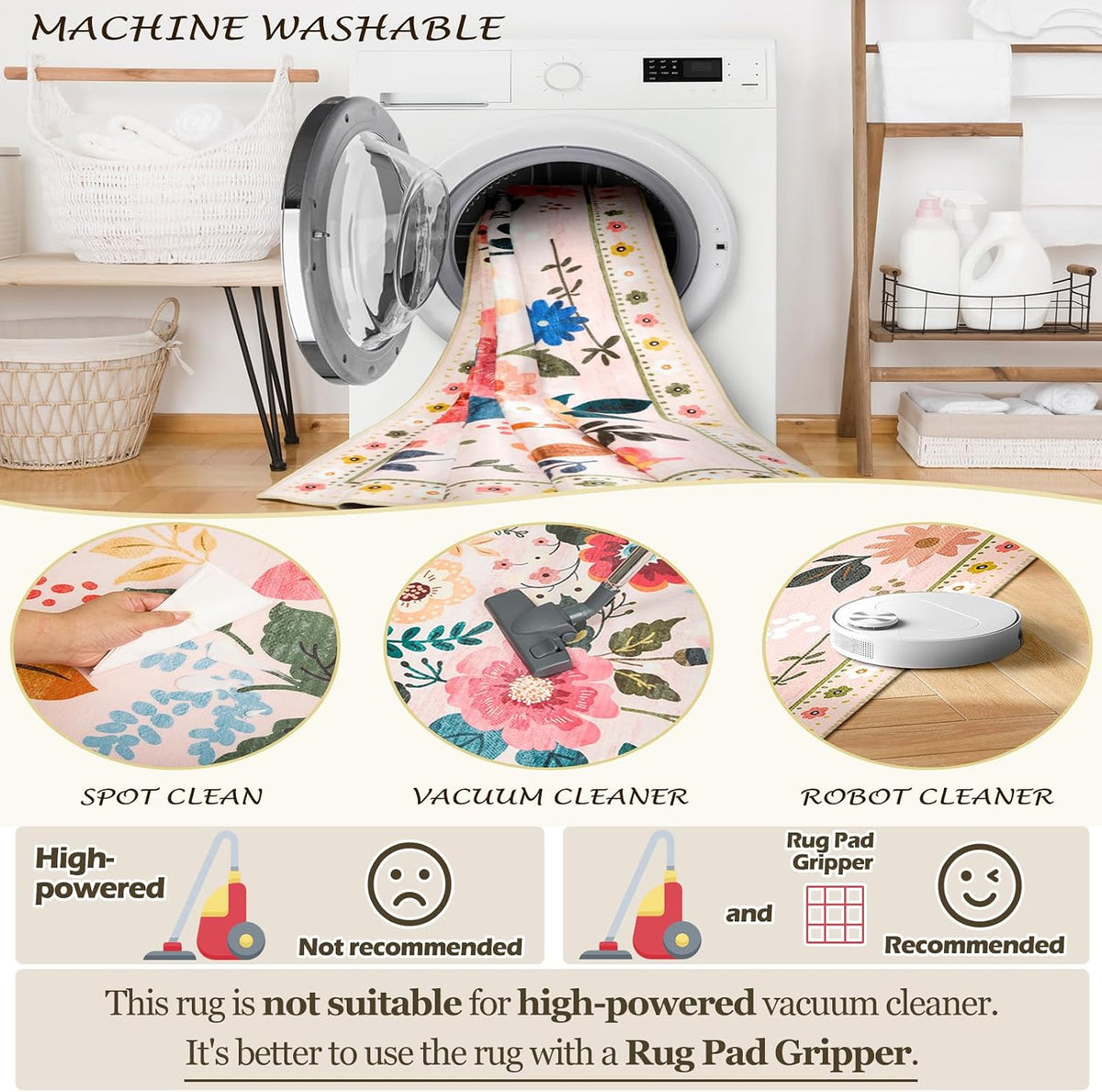 RELEANY Floral Washable 5x7 Area Rugs Pink