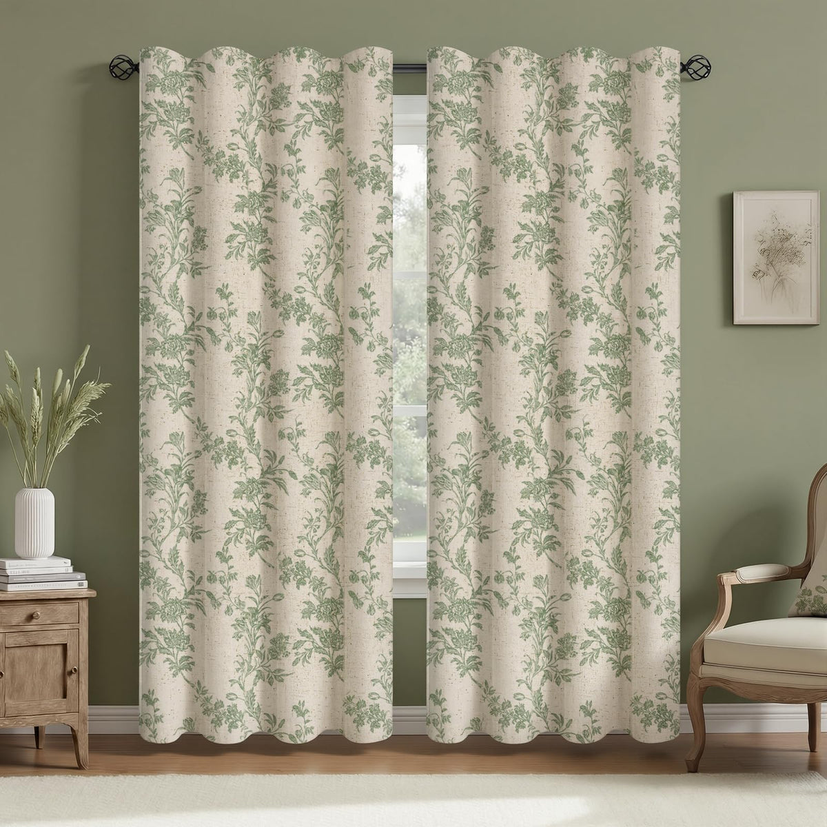 Boho Floral 100% Blackout Curtains 84 Inch 2 Panels Linen Texture