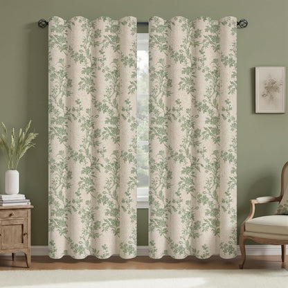 Boho Floral 100% Blackout Curtains 84 Inch 2 Panels Linen Texture