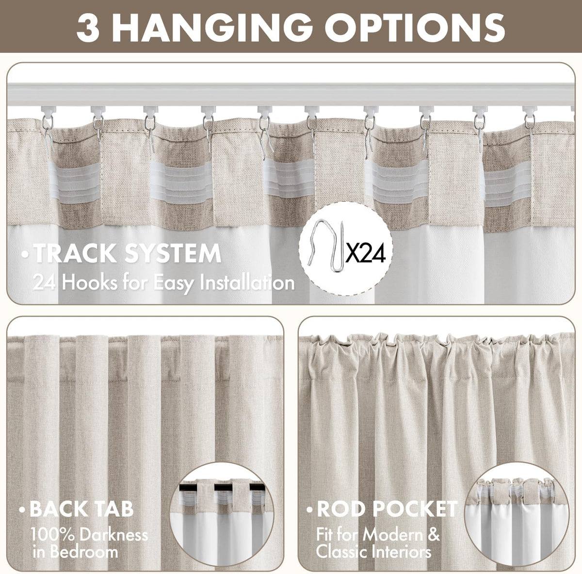 MIULEE 100% Blackout Linen Curtains for Bedroom 40W x 84L Cream 2 Panels