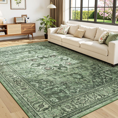 Sage Green 8x10 Area Rug for Living Room, Vintage Boho Large Carpet