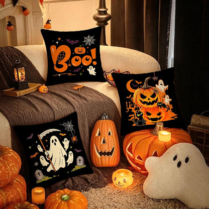 Halloween Decor Gifts Throw Pillow Covers 18x18 Set of 4 Boo Cat Ghost Pumpkin Decorative Pillow Covers Spooky Cushion Case Decoration for Famly Farmhouse Sofa Couch (Halloween)
