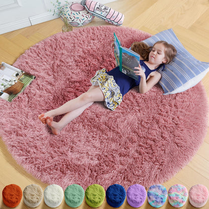 Amdrebio Pink Circle Round Fluffy Area Rug 4Ft for Girls Bedroom Kids Room
