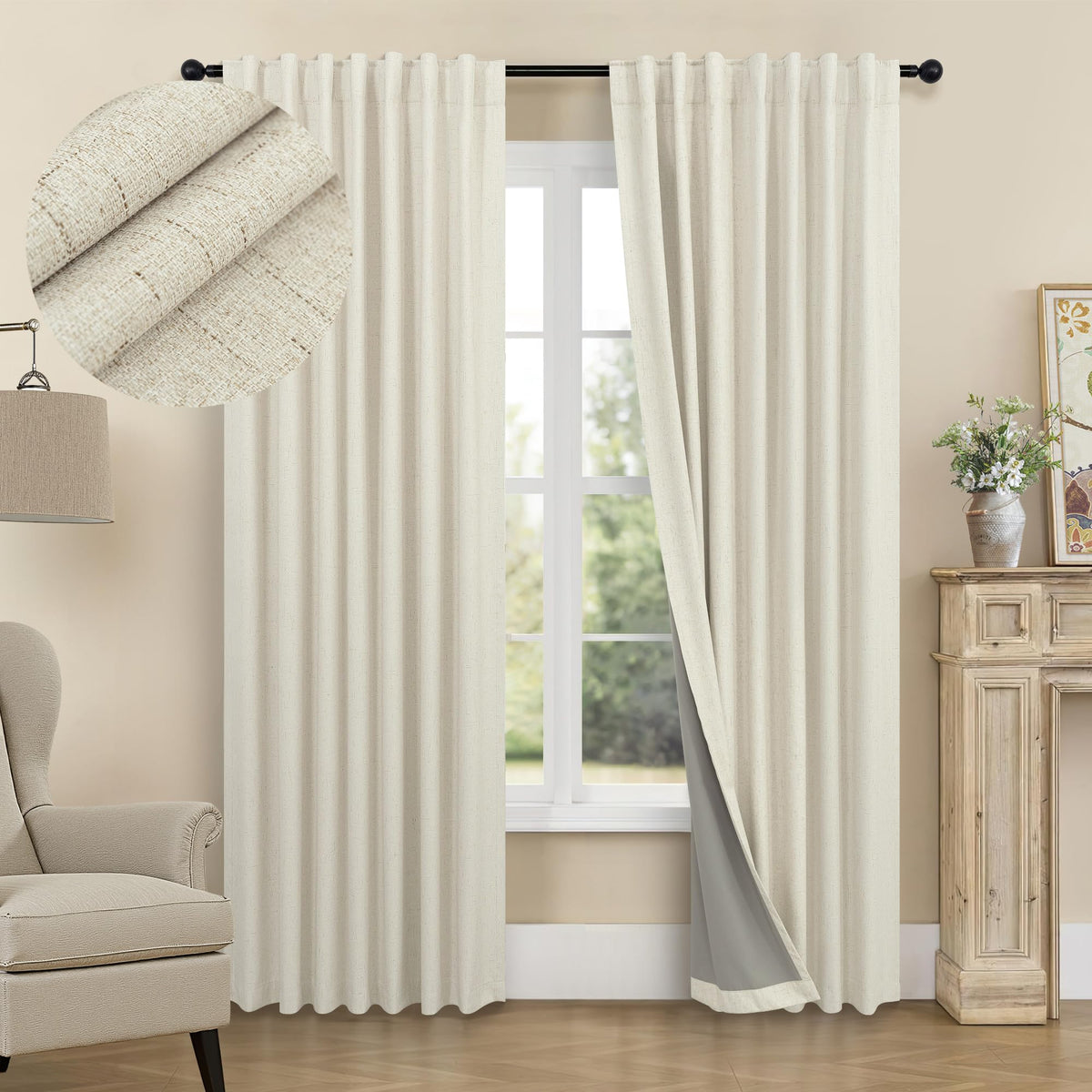 100% Blackout Curtains 84 Inch Length 2 Panels Set Neutral Boho Linen Farmhouse for Bedroom Windows Living Room Darkening Thermal Insulated Drapes Natural Cream Ivory 7ft Long Back Tab Pleated Pocket