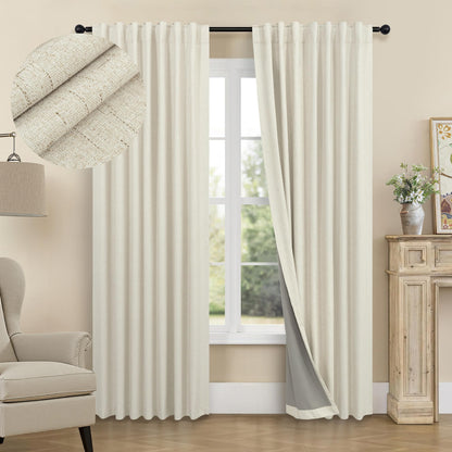 100% Blackout Curtains 84 Inch Length 2 Panels Set Neutral Boho Linen Farmhouse for Bedroom Windows Living Room Darkening Thermal Insulated Drapes Natural Cream Ivory 7ft Long Back Tab Pleated Pocket