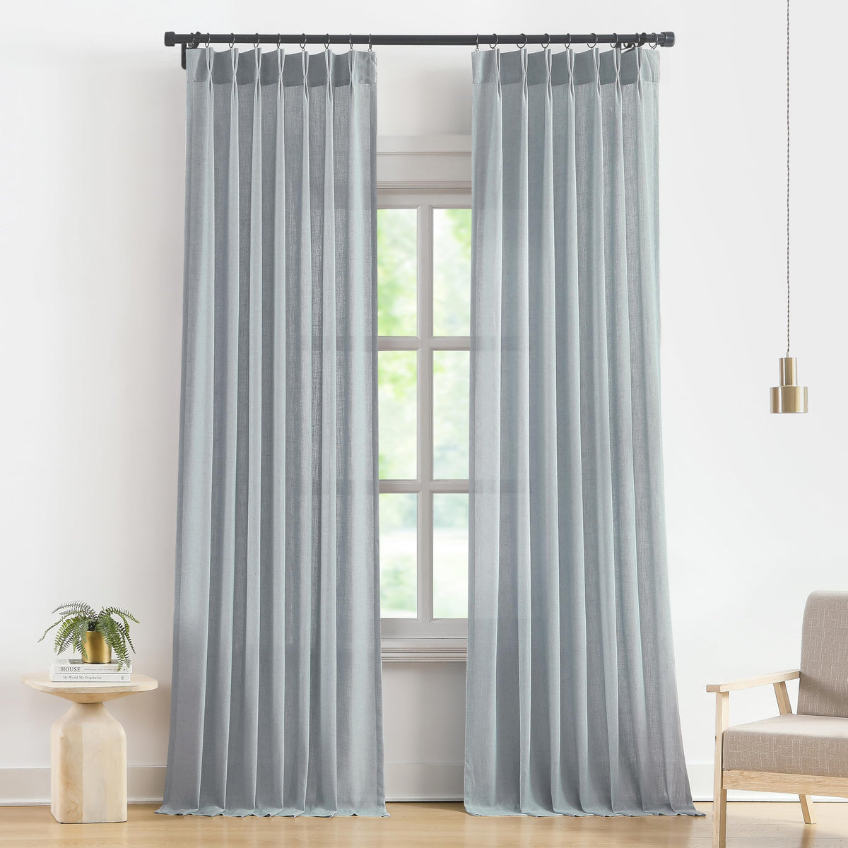 Vision Home Natural Linen Pinch Pleated Semi Sheer Curtains 42Wx90Lx2
