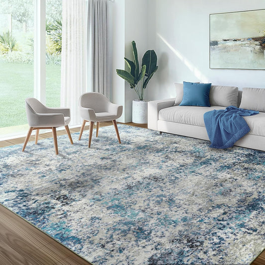 Washable Area Rug for Living Room: 9x12 Modern Abstract Neutral Soft Rug for Bedroom Dining Room No Slip Low Pile Carpet for Nursery Home Office - Grey/Blue