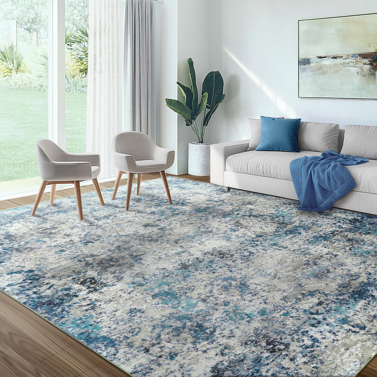Washable Area Rug for Living Room: 9x12 Modern Abstract Neutral Soft Rug for Bedroom Dining Room No Slip Low Pile Carpet for Nursery Home Office - Grey/Blue