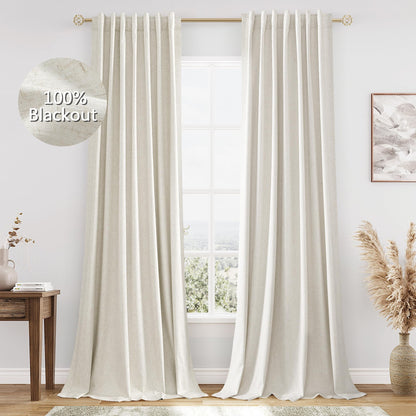 Guken Cream Linen Blackout Curtains 84 Inch Length 2 Panels Set for Living Room Bedroom Back Tab Thermal Insulated 100% Black Out Drapes Room Darkening Window Curtain Ivory Natural Beige