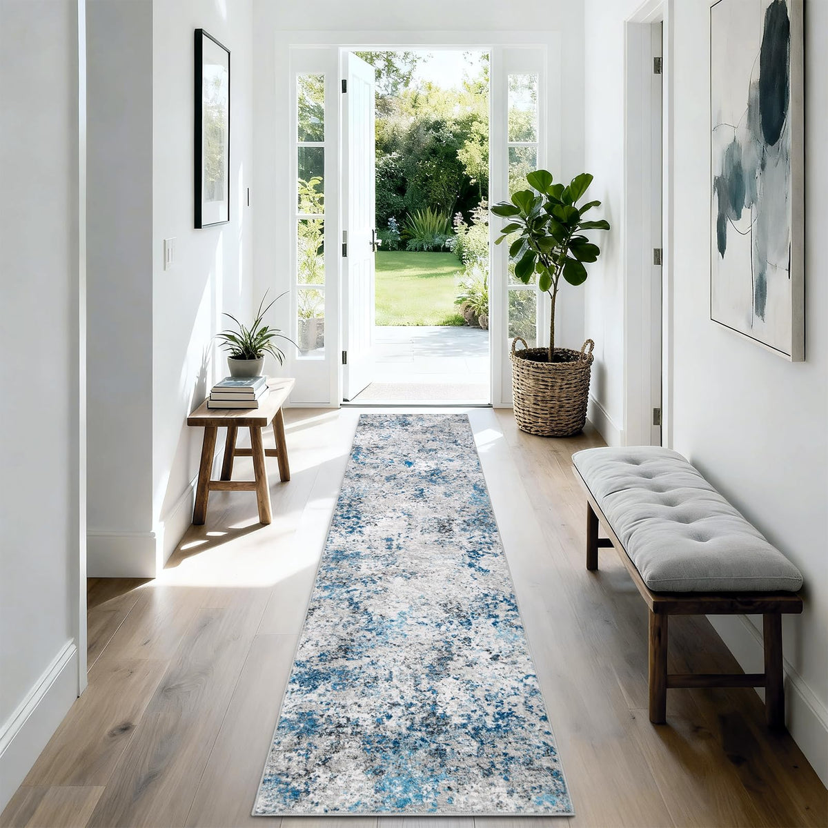 Washable Area Rug for Living Room: 9x12 Modern Abstract Neutral Soft Rug for Bedroom Dining Room No Slip Low Pile Carpet for Nursery Home Office - Grey/Blue