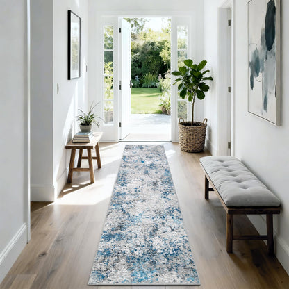 Washable Area Rug for Living Room: 9x12 Modern Abstract Neutral Soft Rug for Bedroom Dining Room No Slip Low Pile Carpet for Nursery Home Office - Grey/Blue