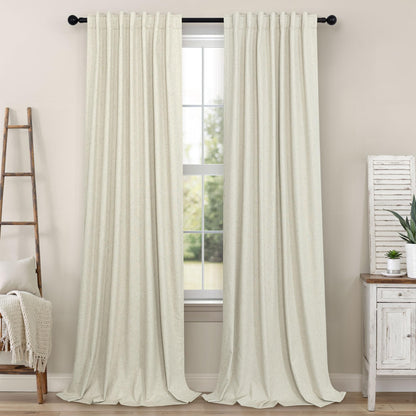 100% Blackout Curtains 84 Inch Length 2 Panels Set Neutral Boho Linen Farmhouse for Bedroom Windows Living Room Darkening Thermal Insulated Drapes Natural Cream Ivory 7ft Long Back Tab Pleated Pocket