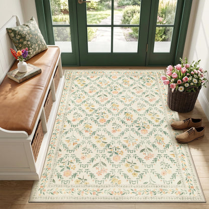PLHXFR 8x10 Area Rug Living Room: Floral Washable Boho Carpet Dark Green