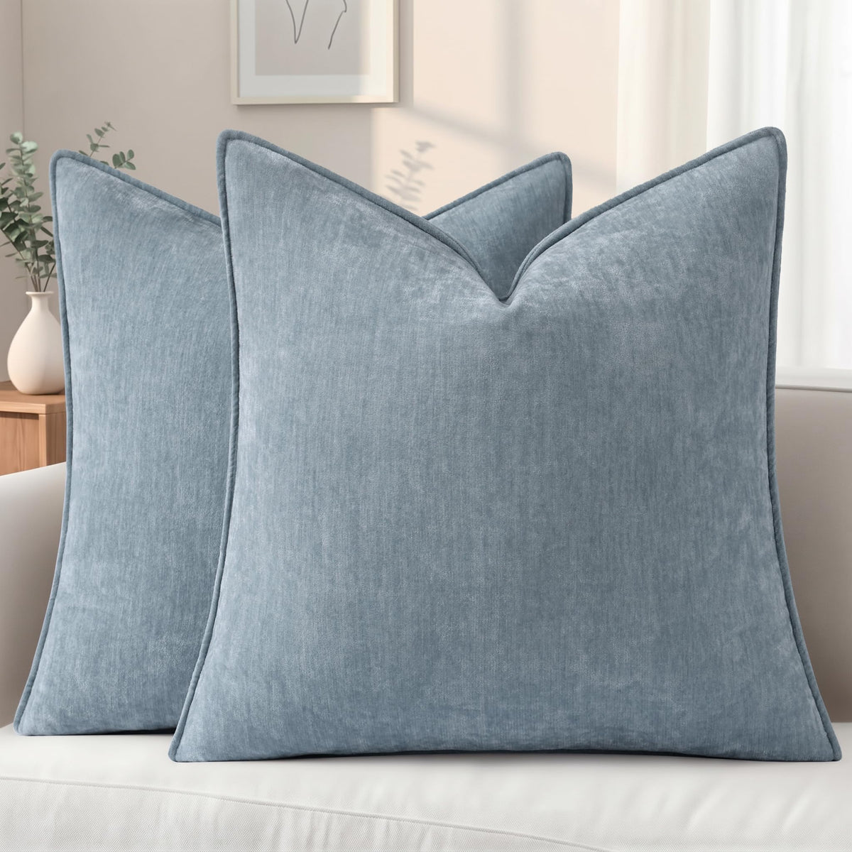 decorUhome Chenille Beige Velvet Throw Pillow Covers 18x18 Set of 2