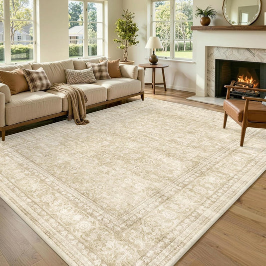 6x9 Ft Large Area Rugs for Living Room, Soft Non-Slip Machine Washable Rug, Vintage Stain Resistant Carpets for Bedroom Nursery Dining Room Home Decor (Beige)