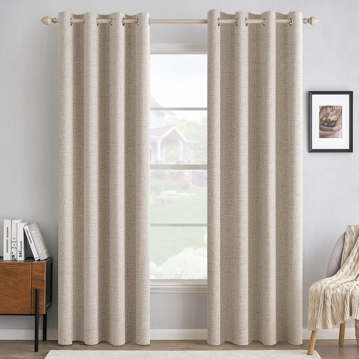 MIULEE 100% Blackout Linen Curtains for Bedroom 52x84 Inches Natural Beige