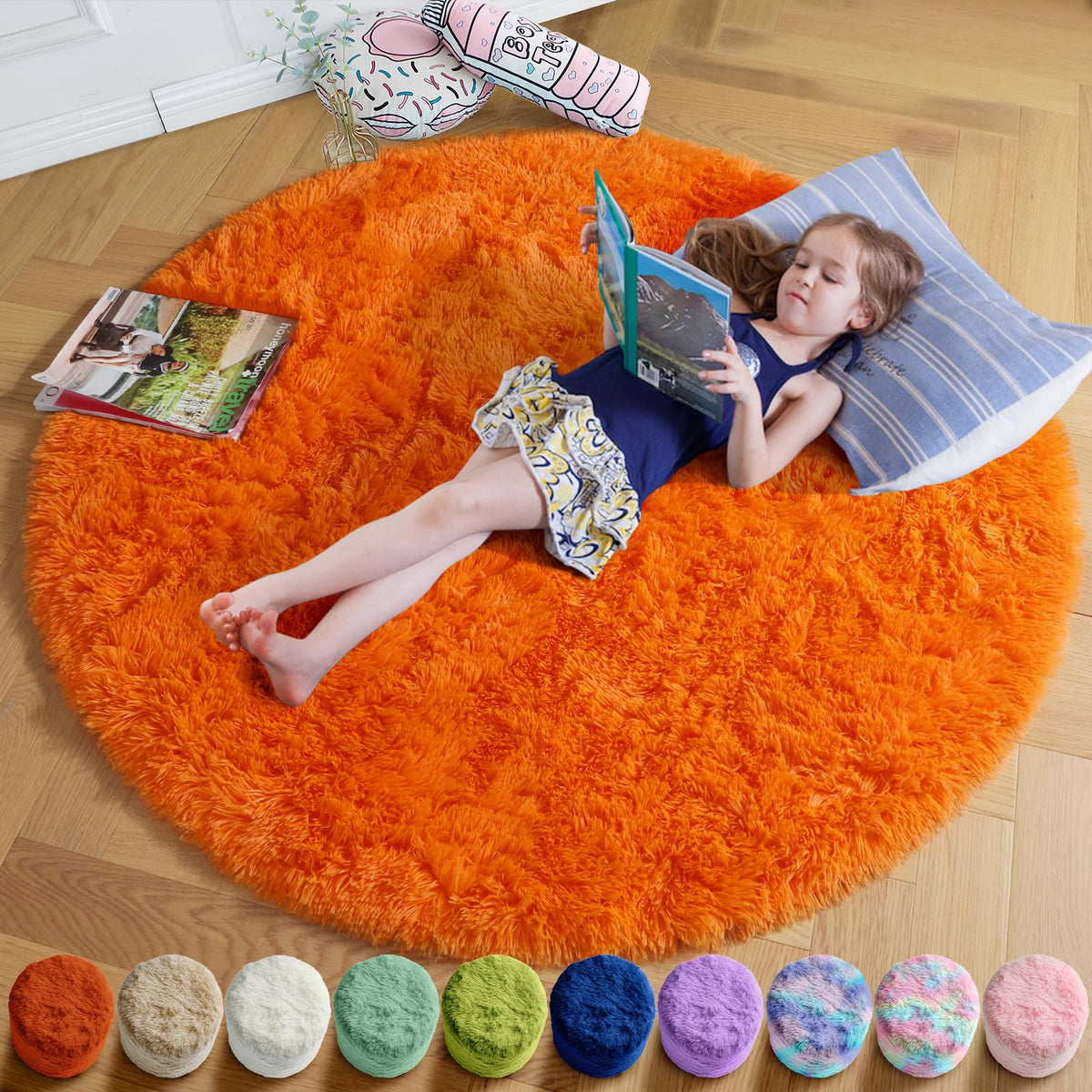 Amdrebio Pink Circle Round Fluffy Area Rug 4Ft for Girls Bedroom Kids Room