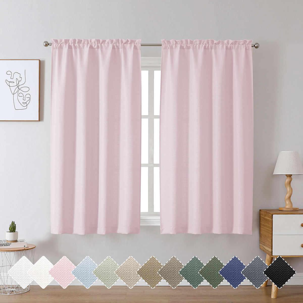 Chyhomenyc White Curtains 45 Inch Length 2 Panels, Faux Linen Textured