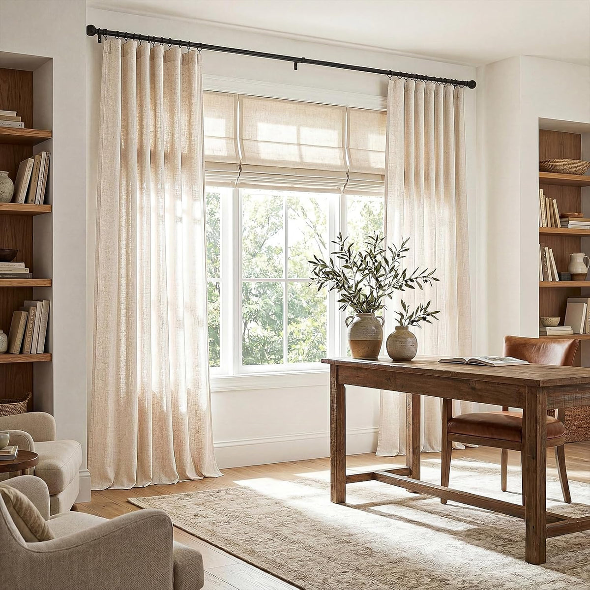 jinchan Linen Curtains Light Filtering Back Tab 50x96 Inch 2 Panels Beige