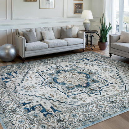Washable Area Rug for Living Room: 9x12 Modern Abstract Neutral Soft Rug for Bedroom Dining Room No Slip Low Pile Carpet for Nursery Home Office - Grey/Blue