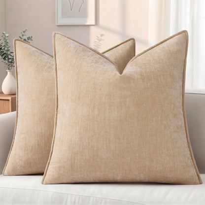 decorUhome Chenille Beige Velvet Throw Pillow Covers 18x18 Set of 2