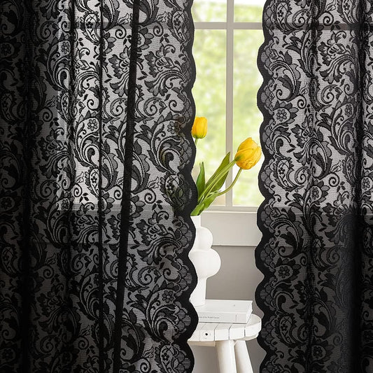 ALIGOGO Black Lace Curtains for Living Room, Gothic Decor, 52W x 84L Inch