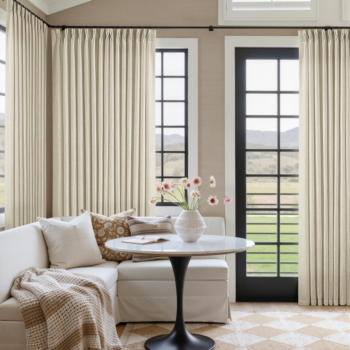 TWODRAPES Natural Pinch Pleated Linen Semi Sheer 84 Inch Curtains 2 Panels