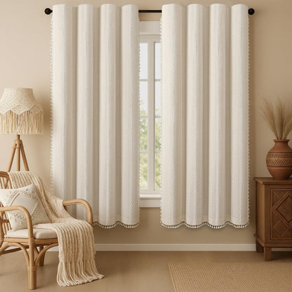 Boho 100% Blackout Curtains 84 Inch 2 Panels Linen Blend Beige