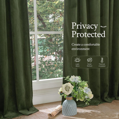 LAMIT Olive Green Velvet Curtains 84 Inch Length for Living Room, 2 Panels