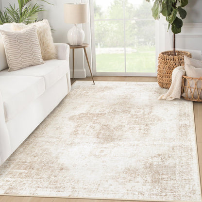 Area Rug 8x10 Washable Rug, Vintage Boho Medallion Rugs Non-Slip Soft Low Pile Large Distressed Rug Indoor Retro Carpet for Living Room Bedroom Dining Room Office Children's Room(Beige, 8'x10')