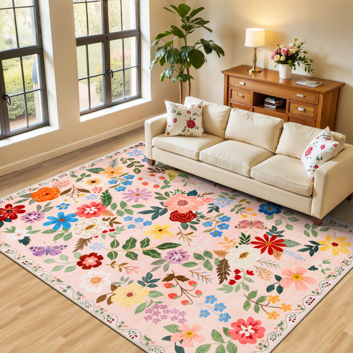 PLHXFR 8x10 Area Rug Living Room: Floral Washable Boho Carpet Dark Green