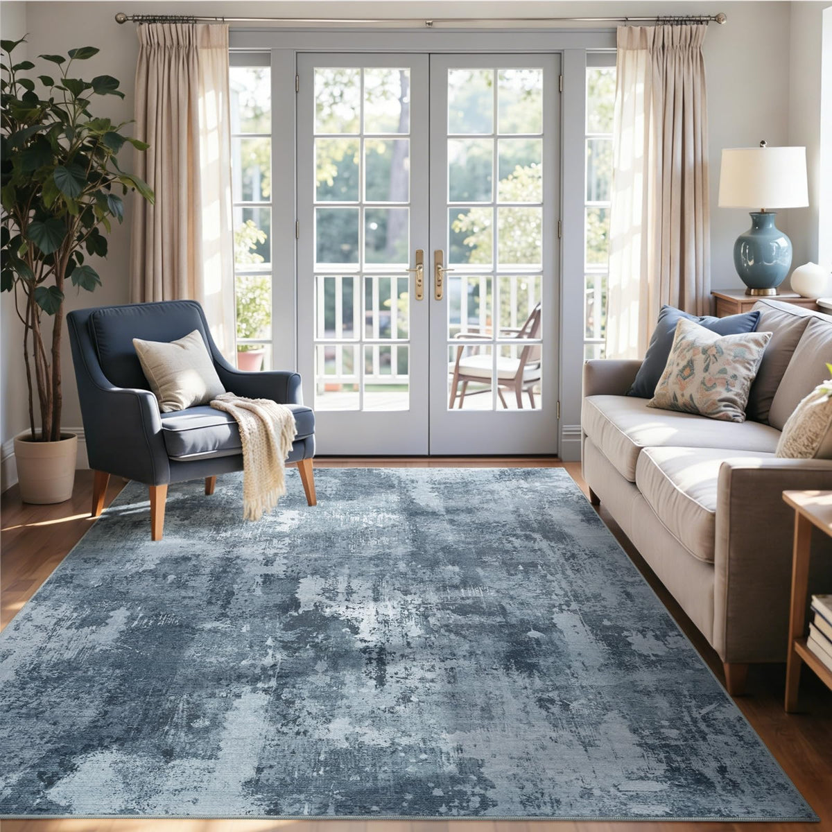 6x9 Ft Abstract Washable Area Rugs for Living Room Blue