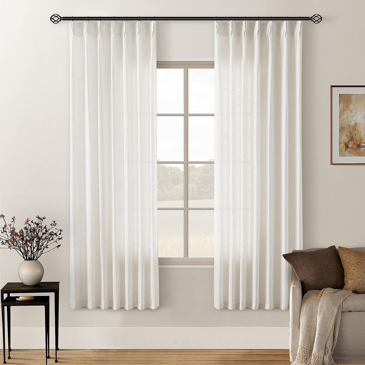 TWODRAPES Natural Pinch Pleated Linen Semi Sheer 84 Inch Curtains 2 Panels