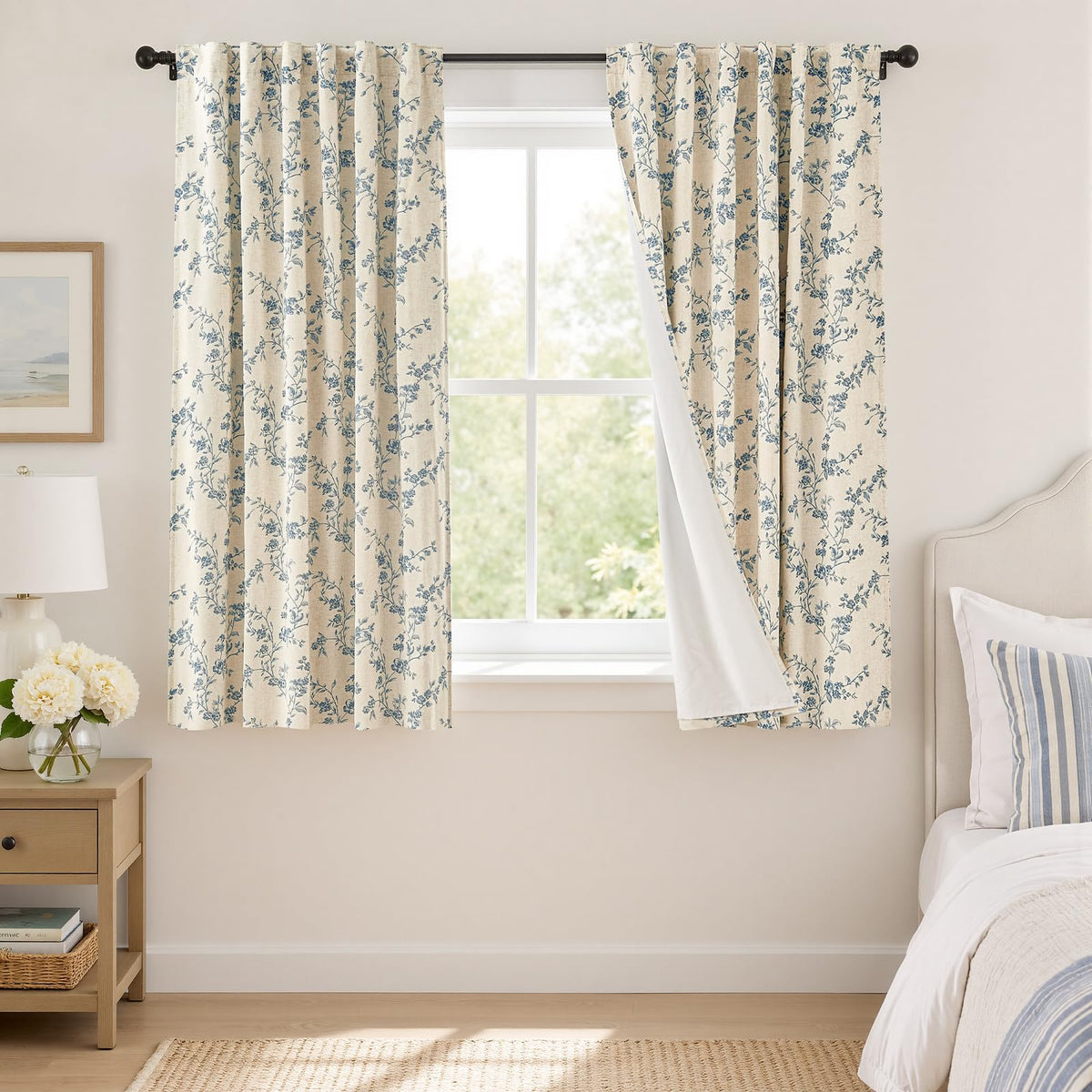 Lazzzy Taupe Vintage Floral Linen Curtains Farmhouse 50W X 84L 2 Panels