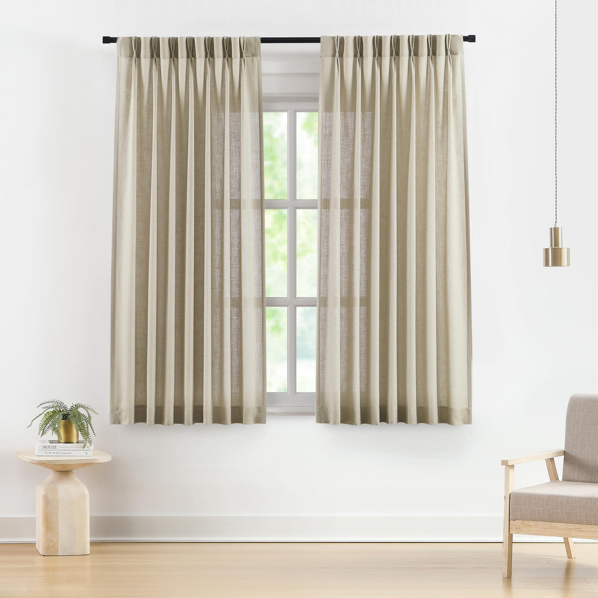 Vision Home Natural Linen Pinch Pleated Semi Sheer Curtains 42Wx90Lx2