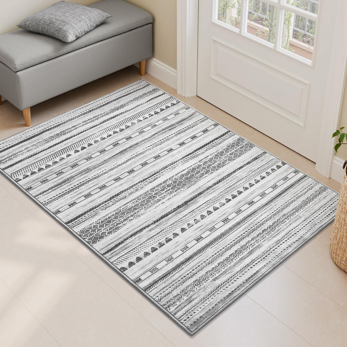 5x7 Area Rugs for Living Room Machine Washable Rug Distressed Indoor Carpet Neutral Moroccan Boho Rug Ultra Soft Area Rug for Bedroom Dining Room Playroom Office, Grey