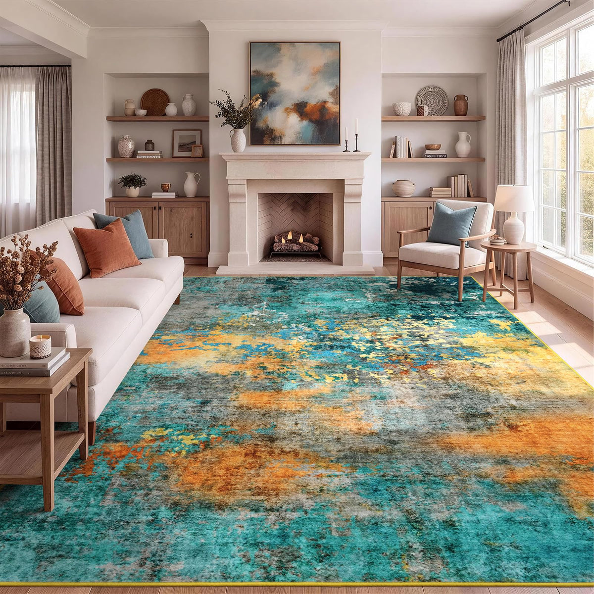 8x10 Area Rug for Living Room, Abstract Washable Non-Slip Large Rugs, Gold