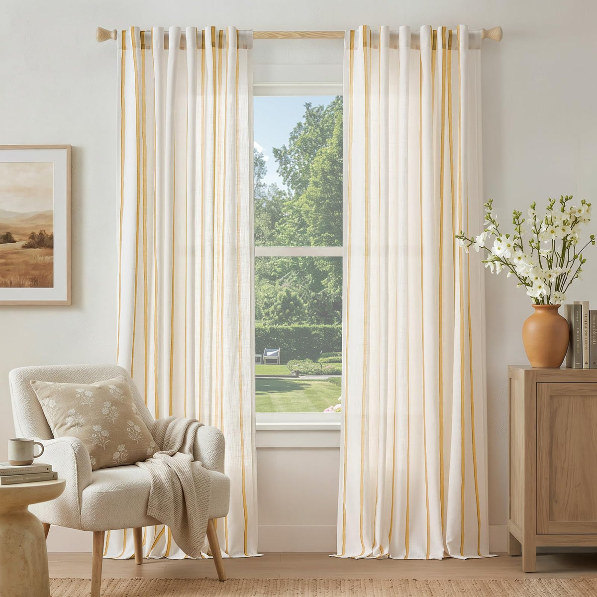 Vangao Linen Curtains for Living Room, Striped Blue Curtains 84L, 2 Panels
