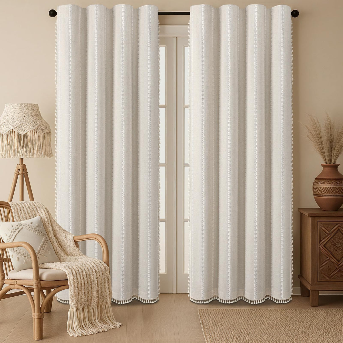 Boho 100% Blackout Curtains 84 Inch 2 Panels Linen Blend Beige
