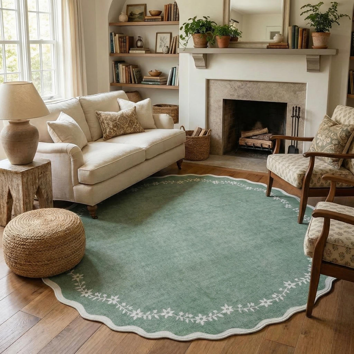 GarveeHome 5x7 Scalloped Area Rug Jute Washable Bedroom Living Room Rug