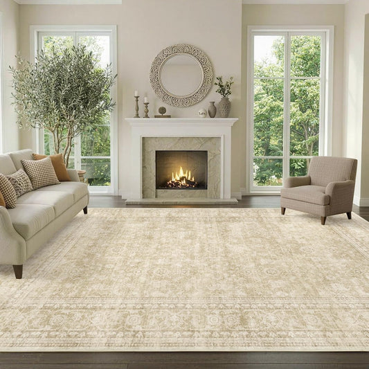 6x9 Ft Large Area Rugs for Living Room, Soft Non-Slip Machine Washable Rug, Vintage Stain Resistant Carpets for Bedroom Nursery Dining Room Home Decor (Beige)