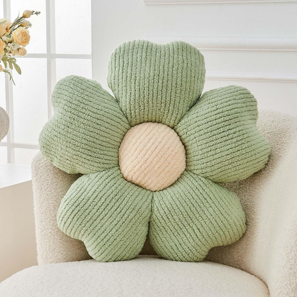 Kcvvcr Flower Throw Pillow, Cute Flower Shaped Pillow Decorative Throw Pillow for Bed Couch, Soft Daisy Pillows Floor Seating Cushion Cushions (14.9 Inch White+Green)
