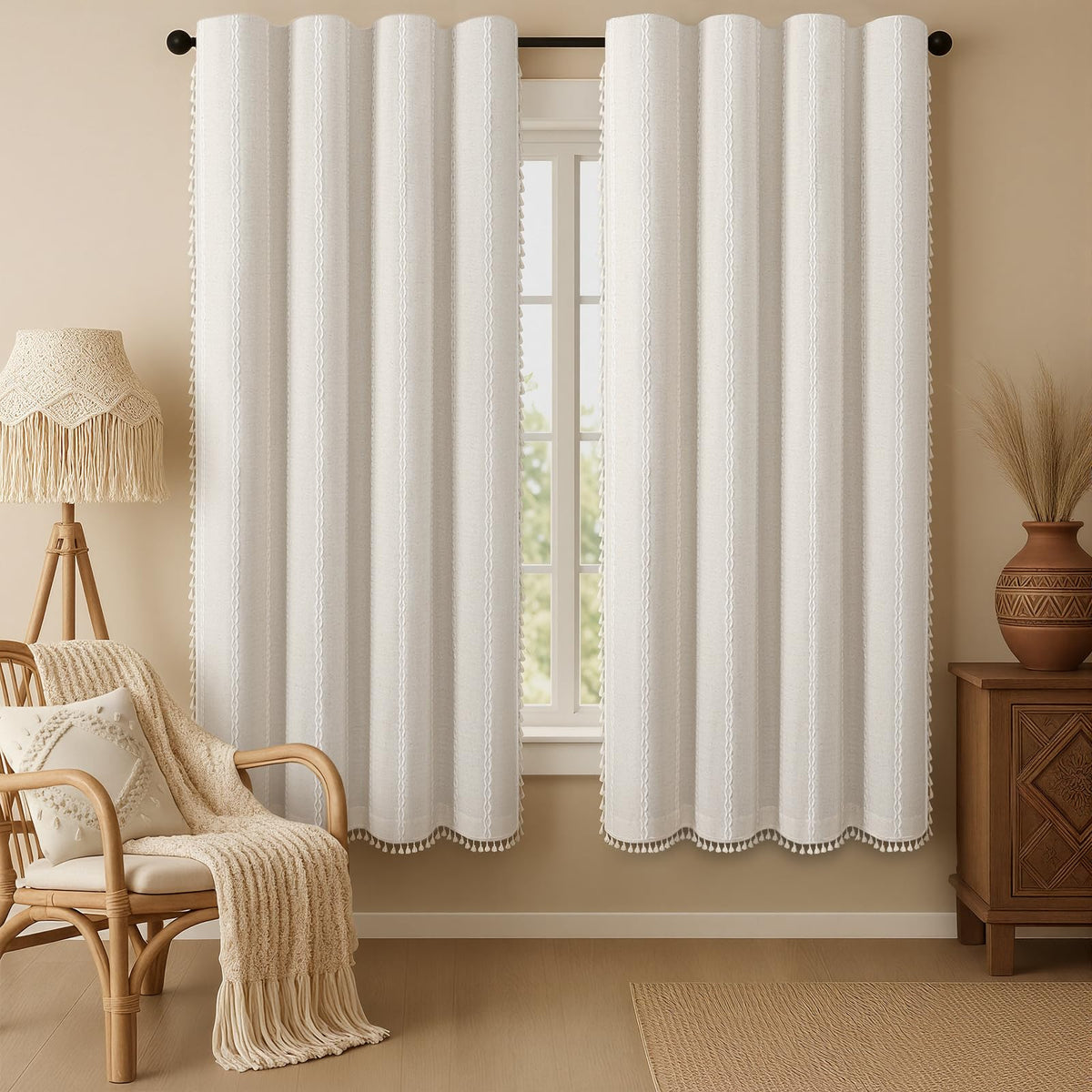 Boho 100% Blackout Curtains 84 Inch 2 Panels Linen Blend Beige