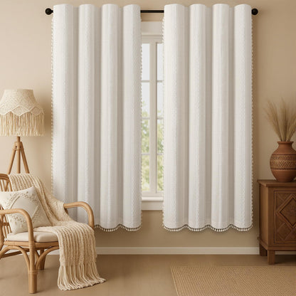 Boho 100% Blackout Curtains 84 Inch 2 Panels Linen Blend Beige