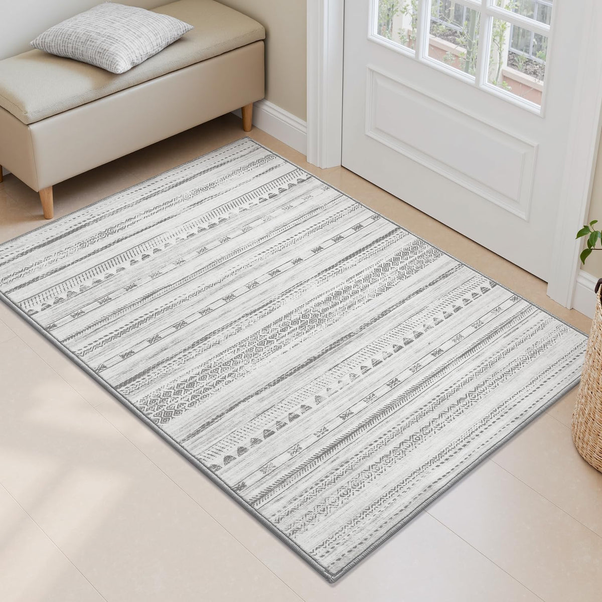 5x7 Area Rugs for Living Room Machine Washable Rug Distressed Indoor Carpet Neutral Moroccan Boho Rug Ultra Soft Area Rug for Bedroom Dining Room Playroom Office, Grey