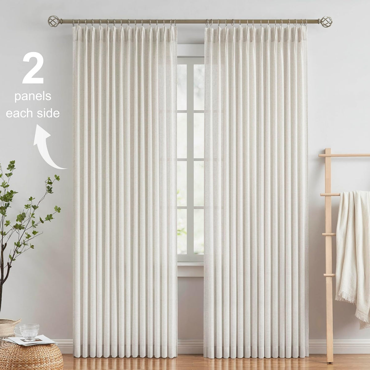 Vision Home Natural Linen Pinch Pleated Semi Sheer Curtains 42Wx90Lx2