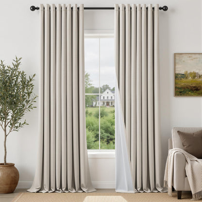 Natural Ivory 100% Blackout Grommet Linen Curtains 90 Inch Long 2 Panels